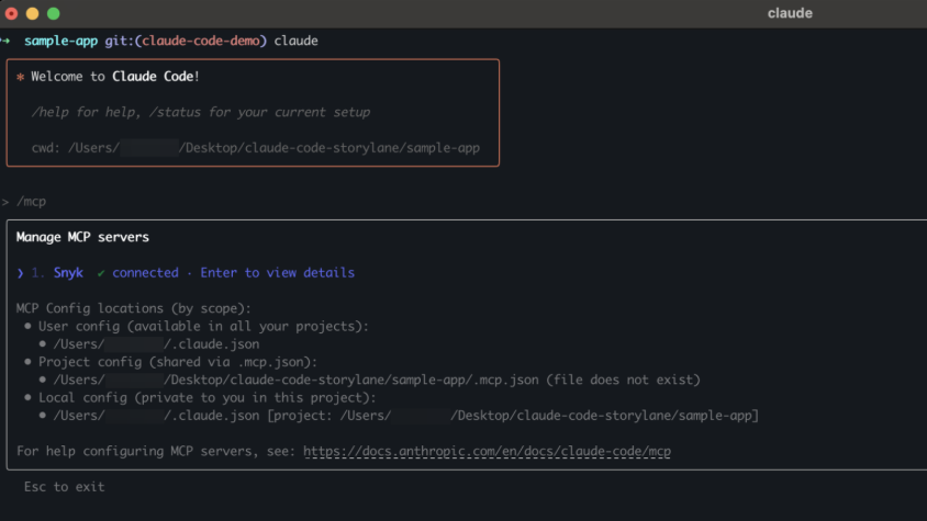 Snyk MCP server configured and started in Claude Code
